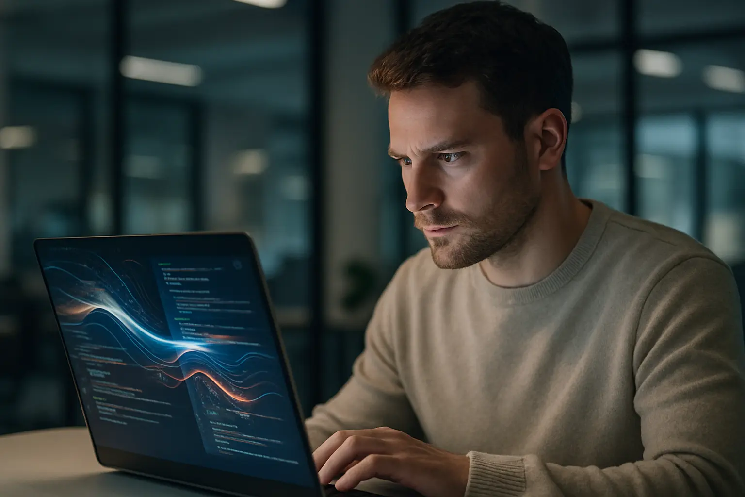 Osoba z futurystycznym laptopem, AI