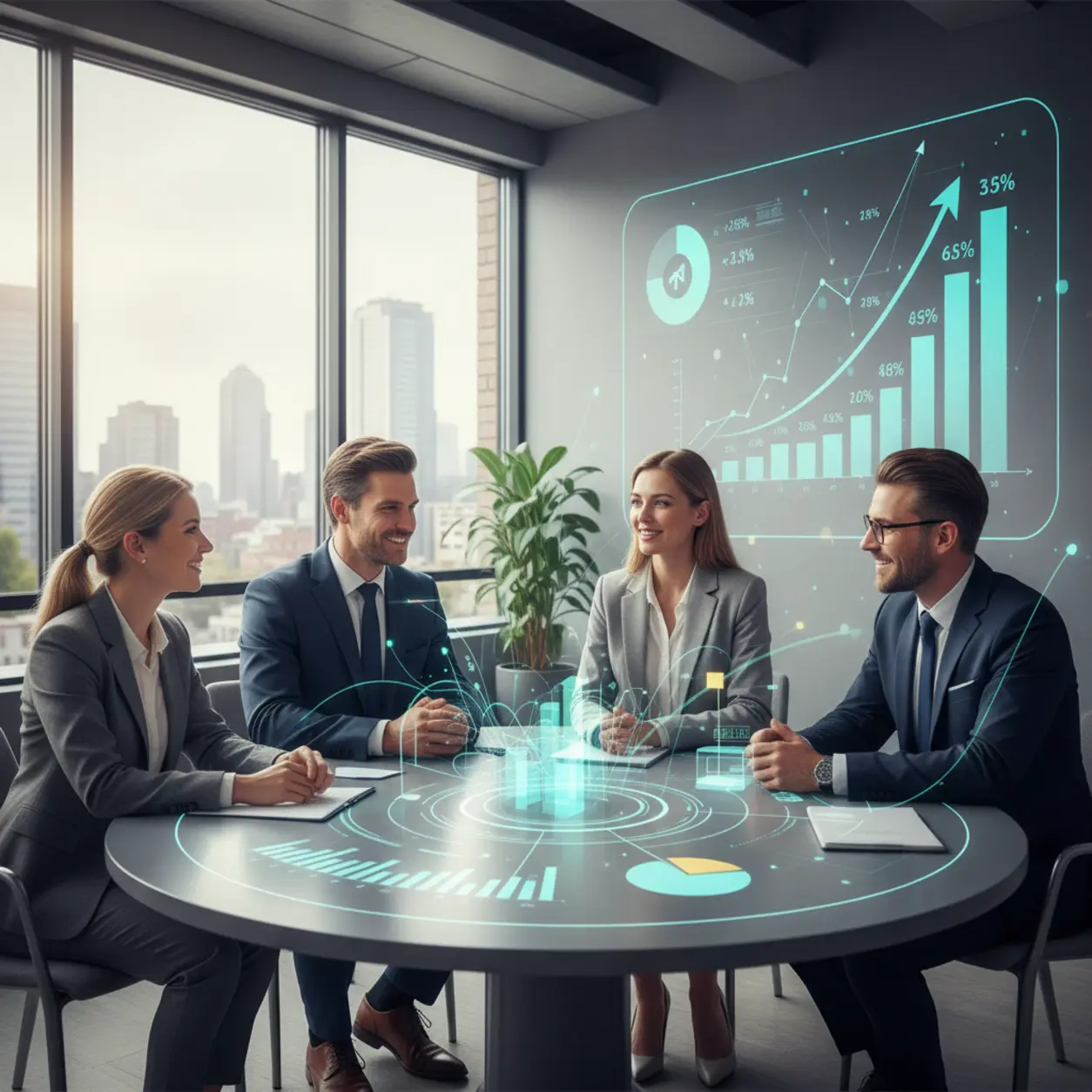 Smiling business people working on data.