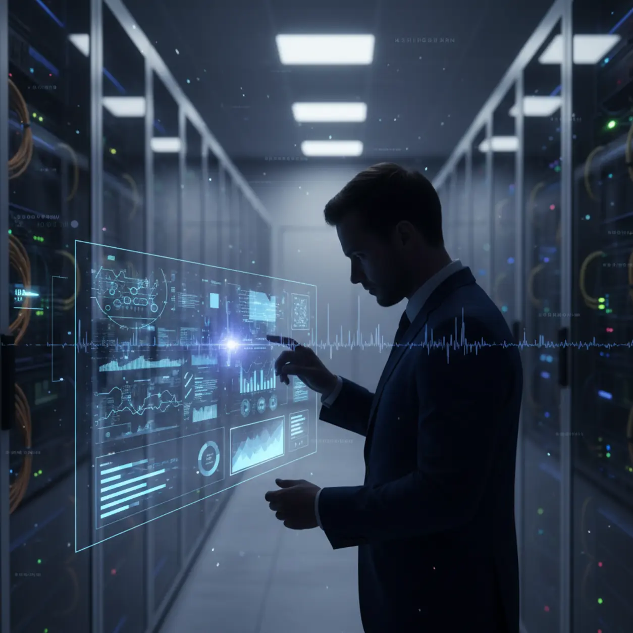 Nowoczesne centrum danych z człowiekiem i hologramem.
