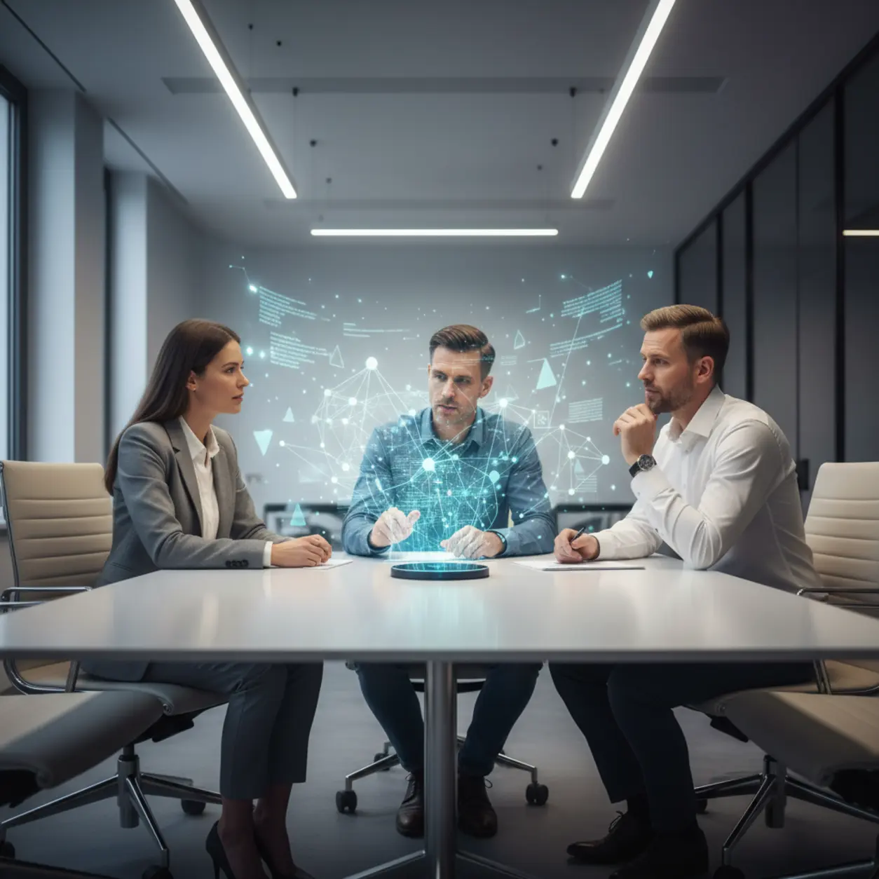 Holograficzna prezentacja w nowoczesnym biurze.