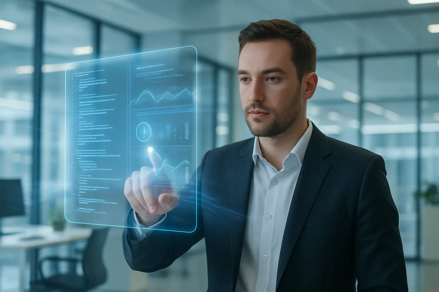 Nowoczesne biuro z interfejsem holograficznym.