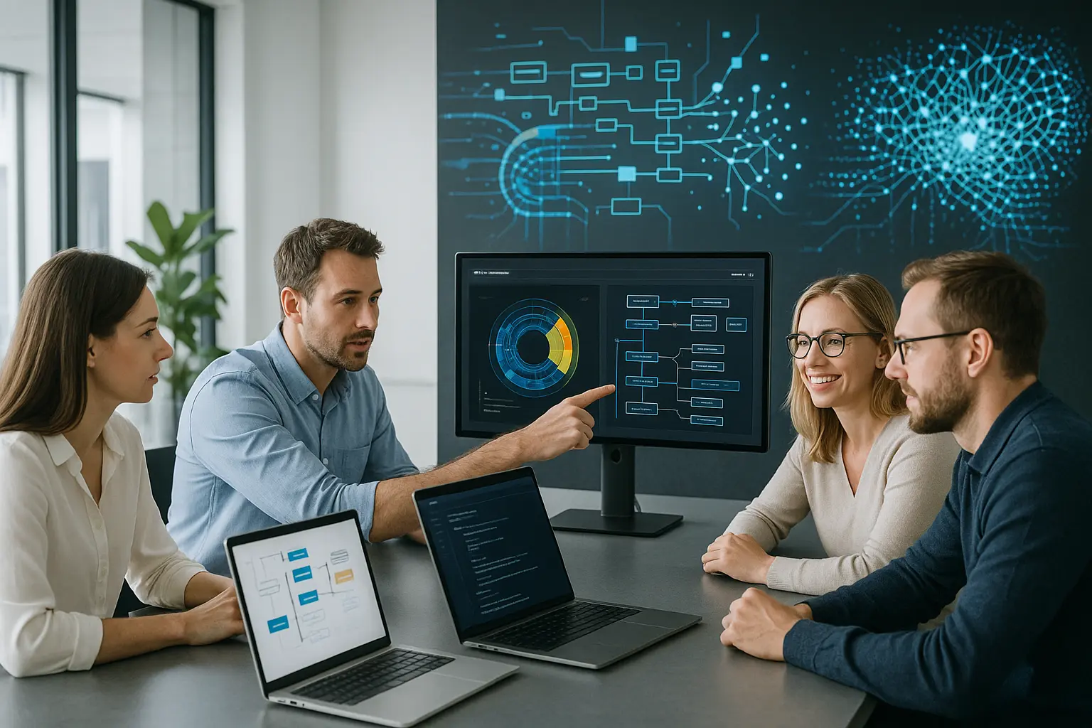 Zespół w nowoczesnym biurze, analiza danych AI.