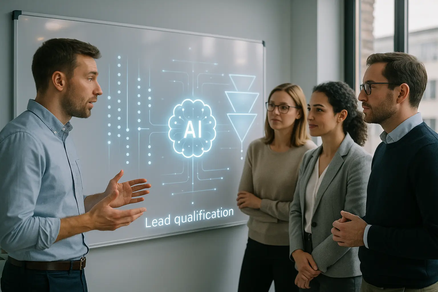 Modern office, AI, lead qualification, team discussion.