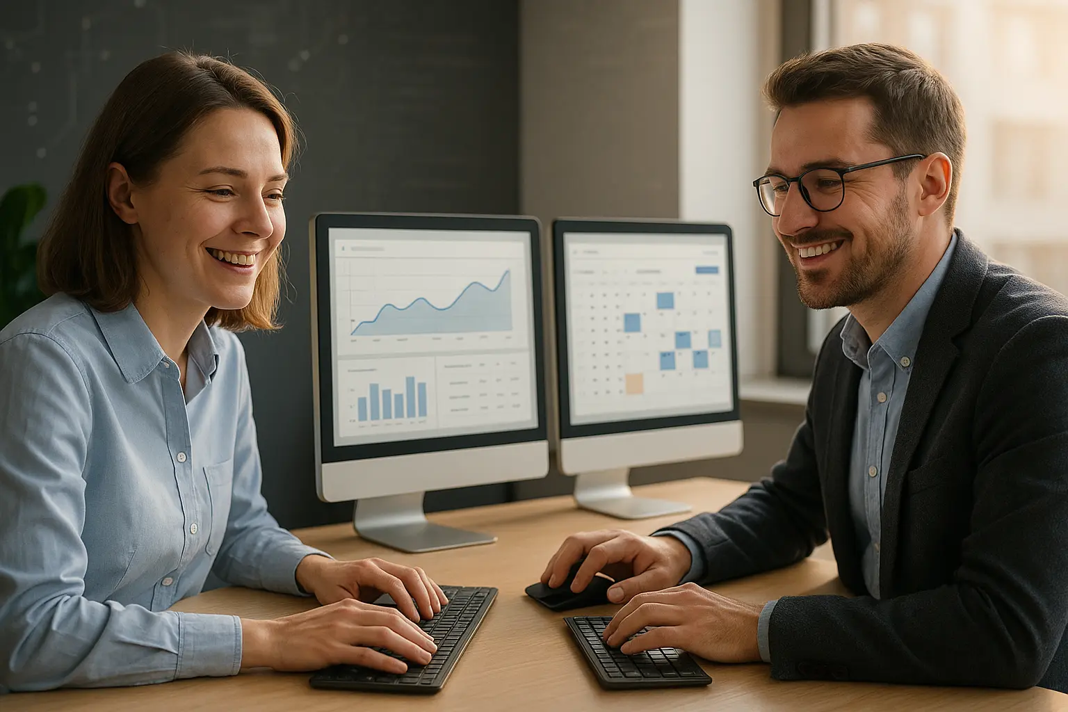 Smiling employees in a modern office, AI in the background.