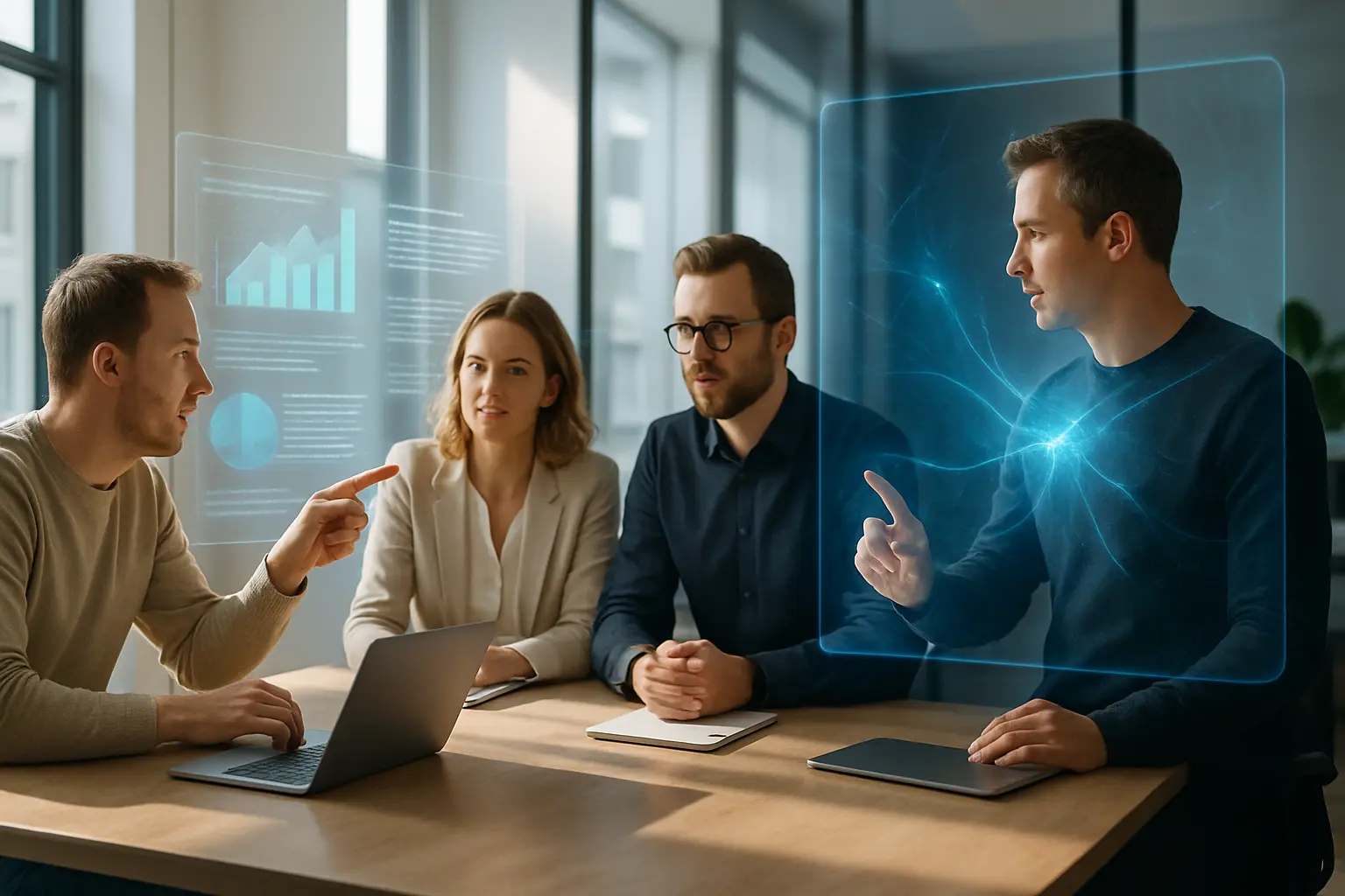 Modern office with professionals collaborating around a screen displaying AI analytics.