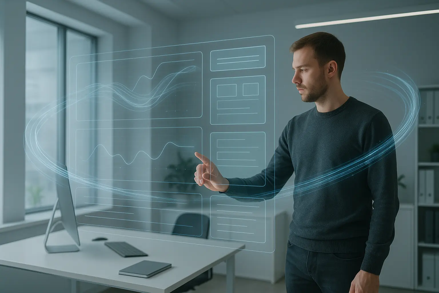 Futurystyczne biuro, człowiek i holografia.