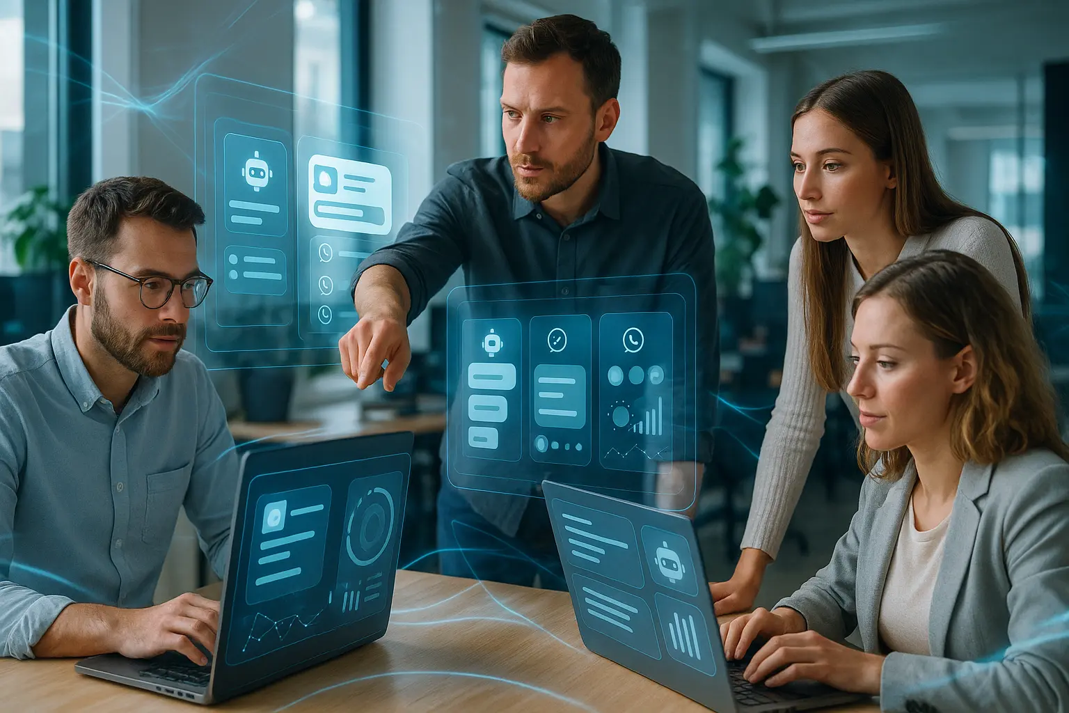 An AI team collaborating in a modern office environment.