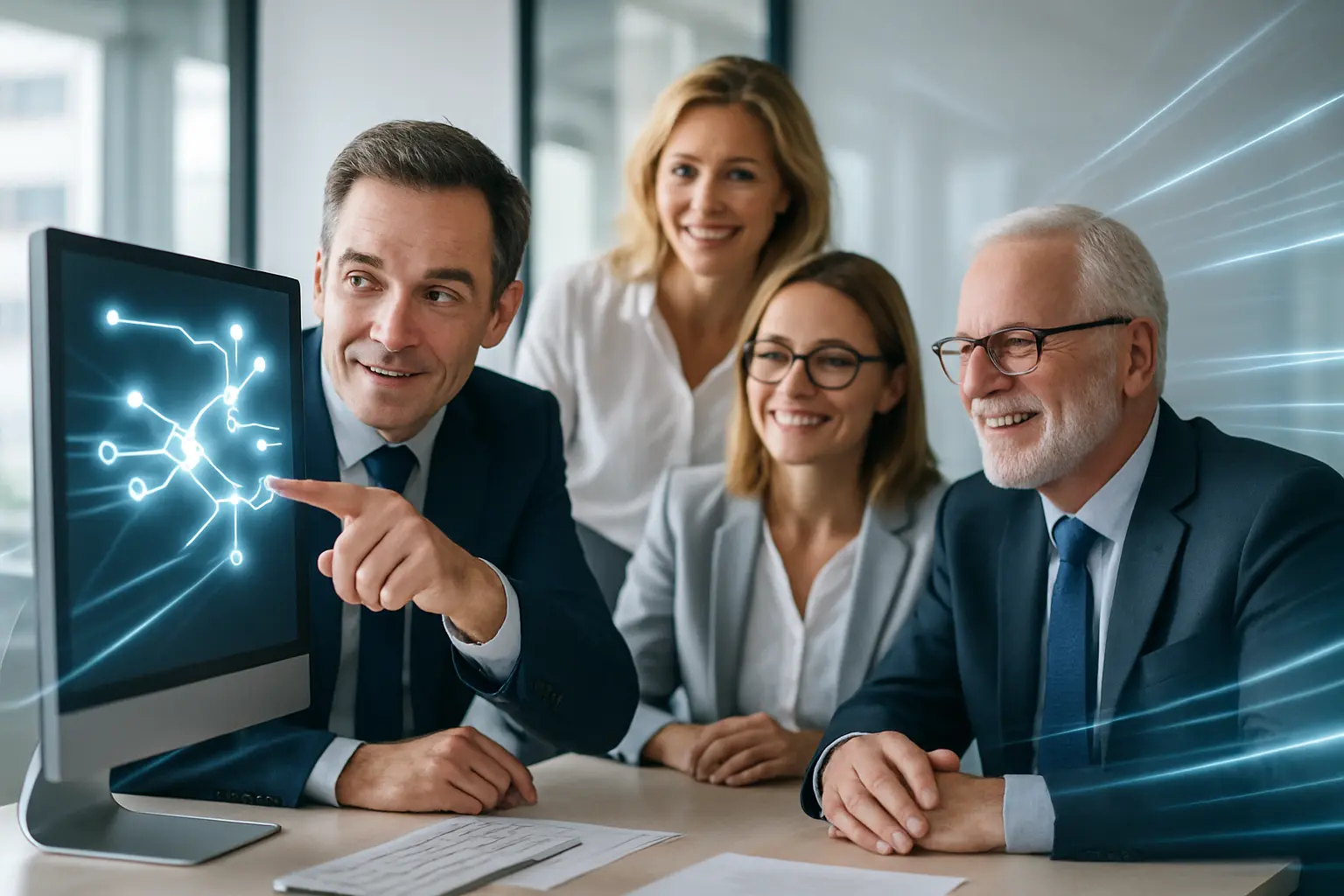 A business team analyzes complex data on digital screens.