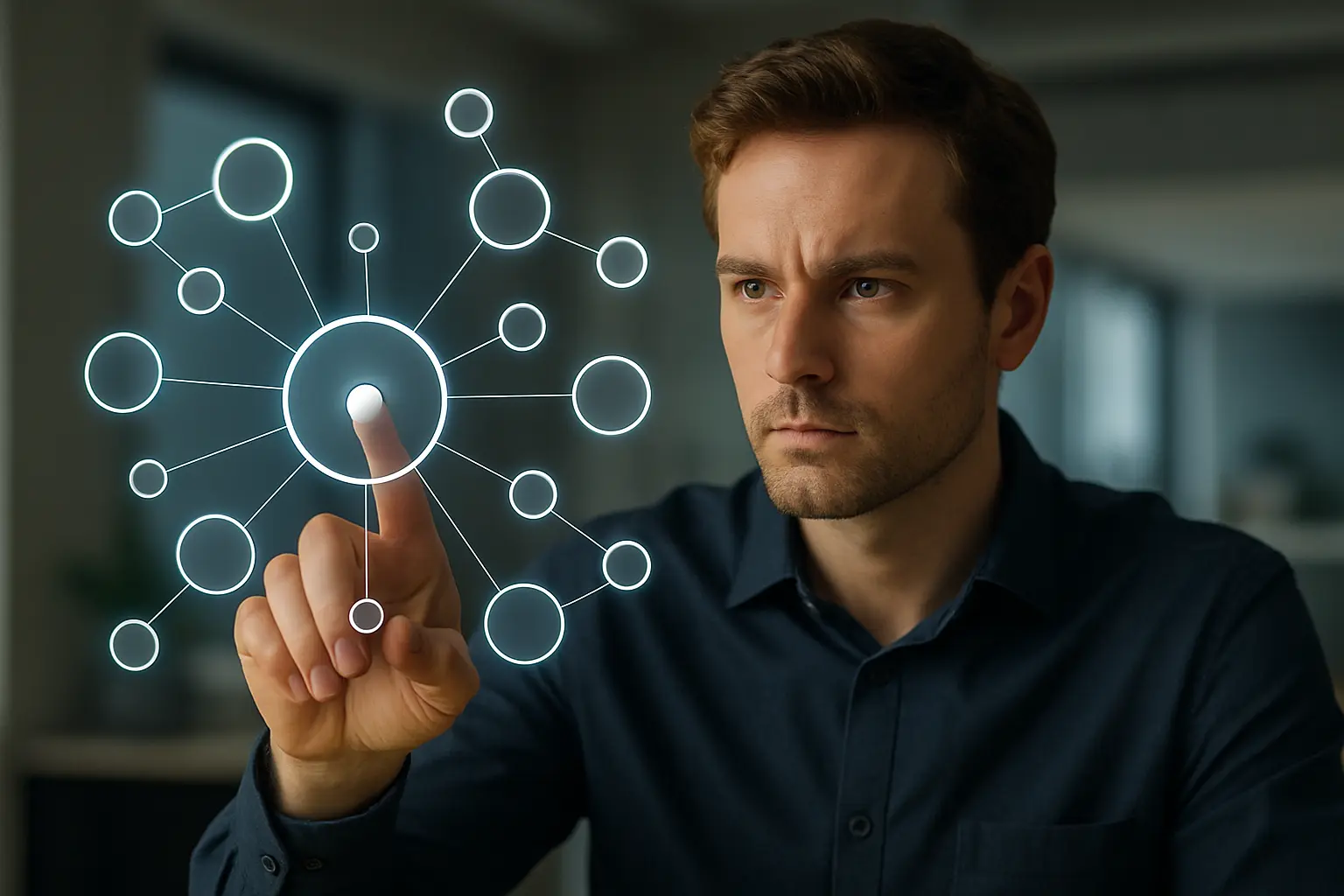 A person interacting with a holographic interface.