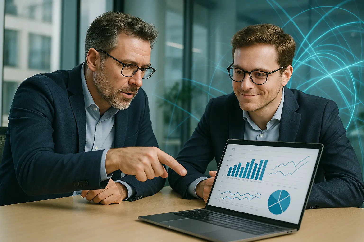 Two white European men discussing data in an office.