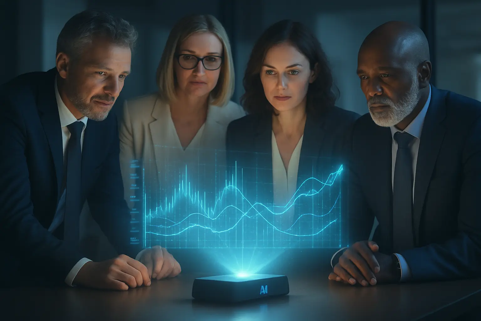 Grupa biznesmenów z hologramem AI.