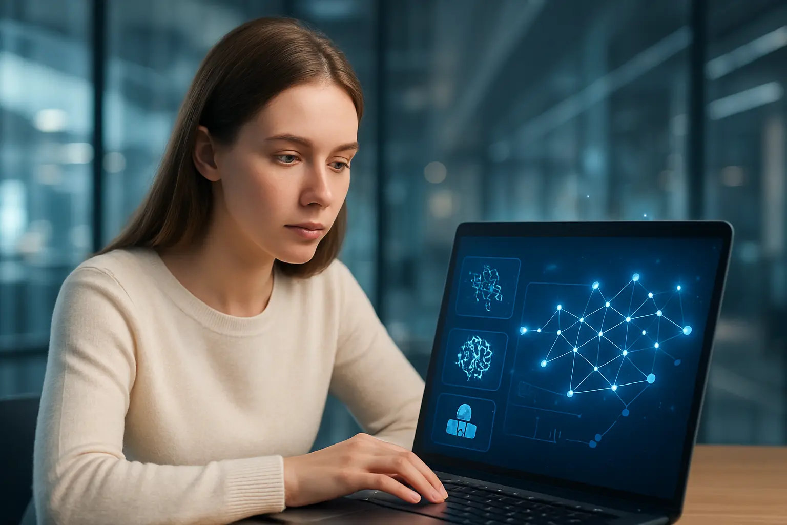 Young woman in a modern office, AI on screen.