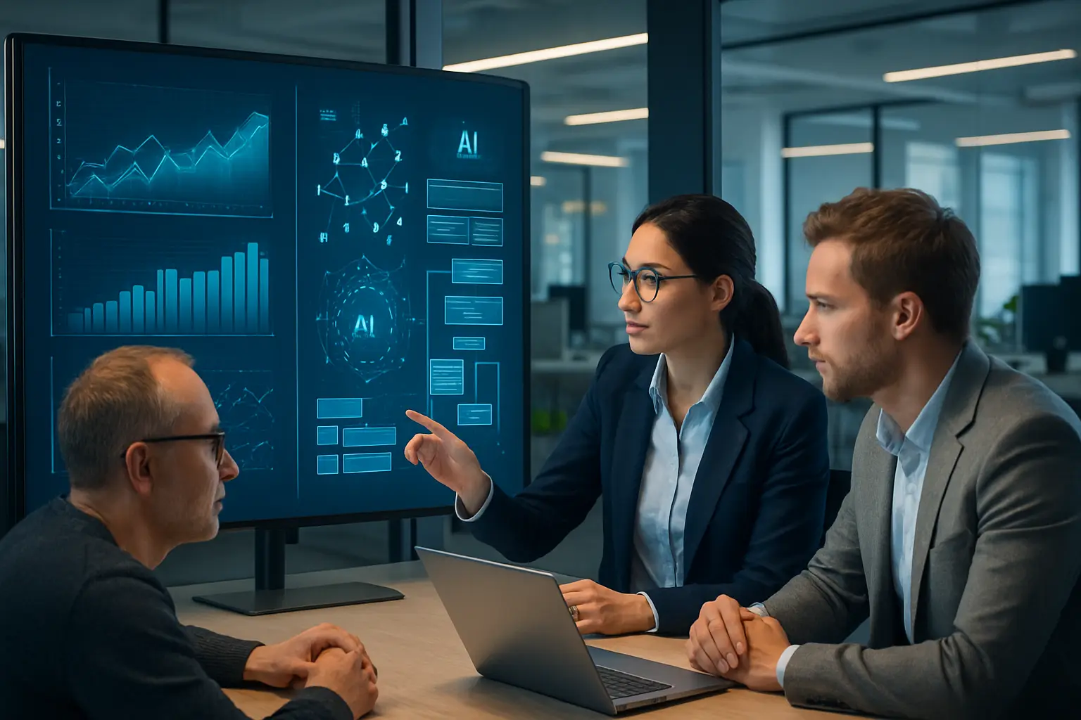 A modern office desk with technology, data visualizations, and charts.