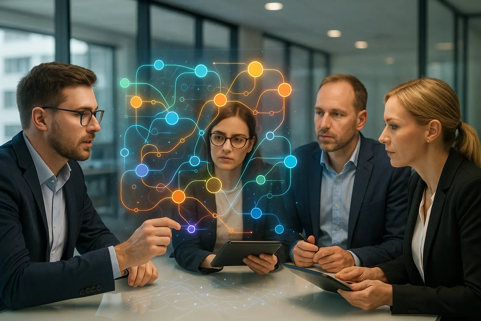 A team in a modern office discusses a customer journey map.