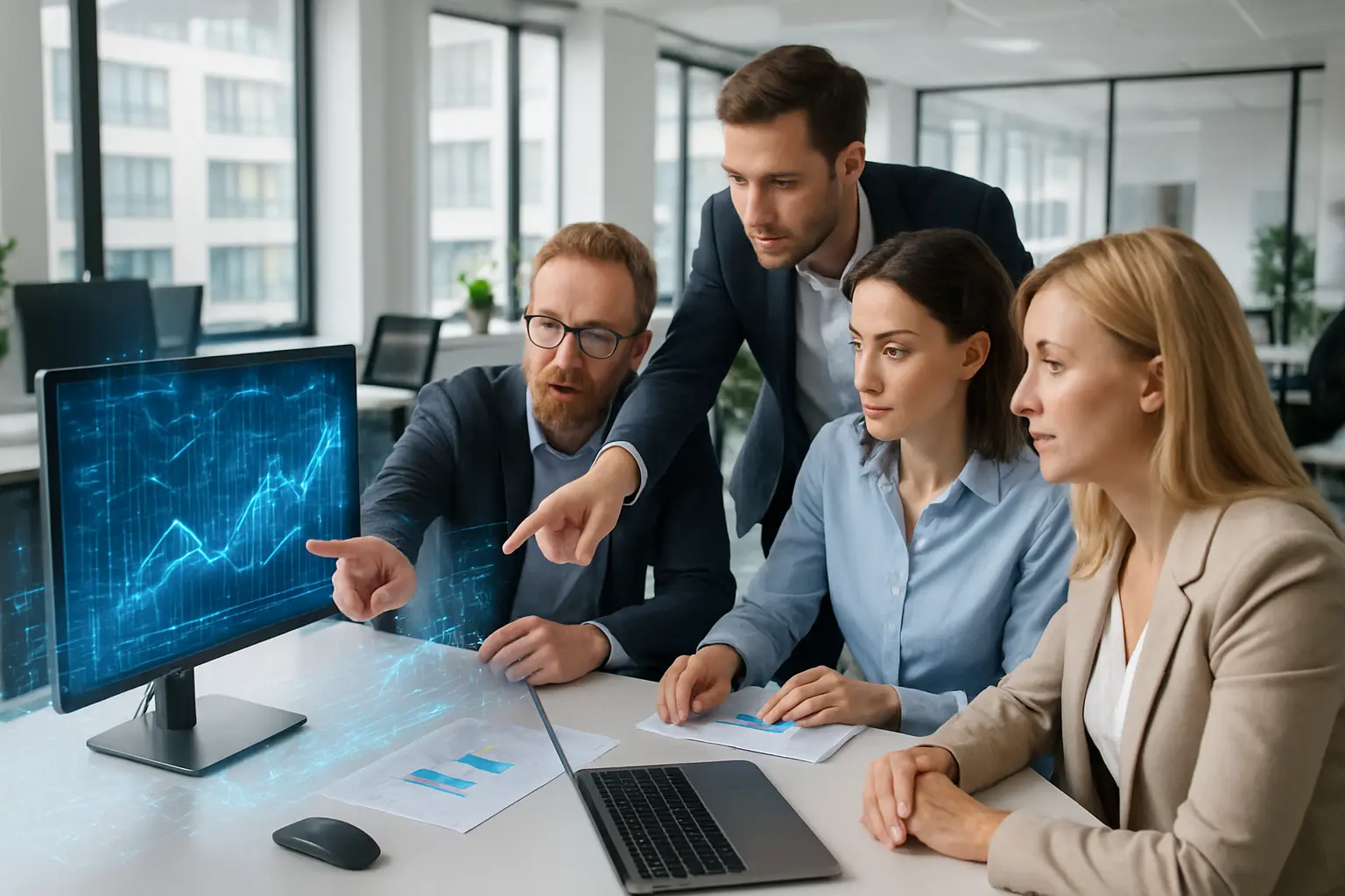 Modern office, team analyzing data.