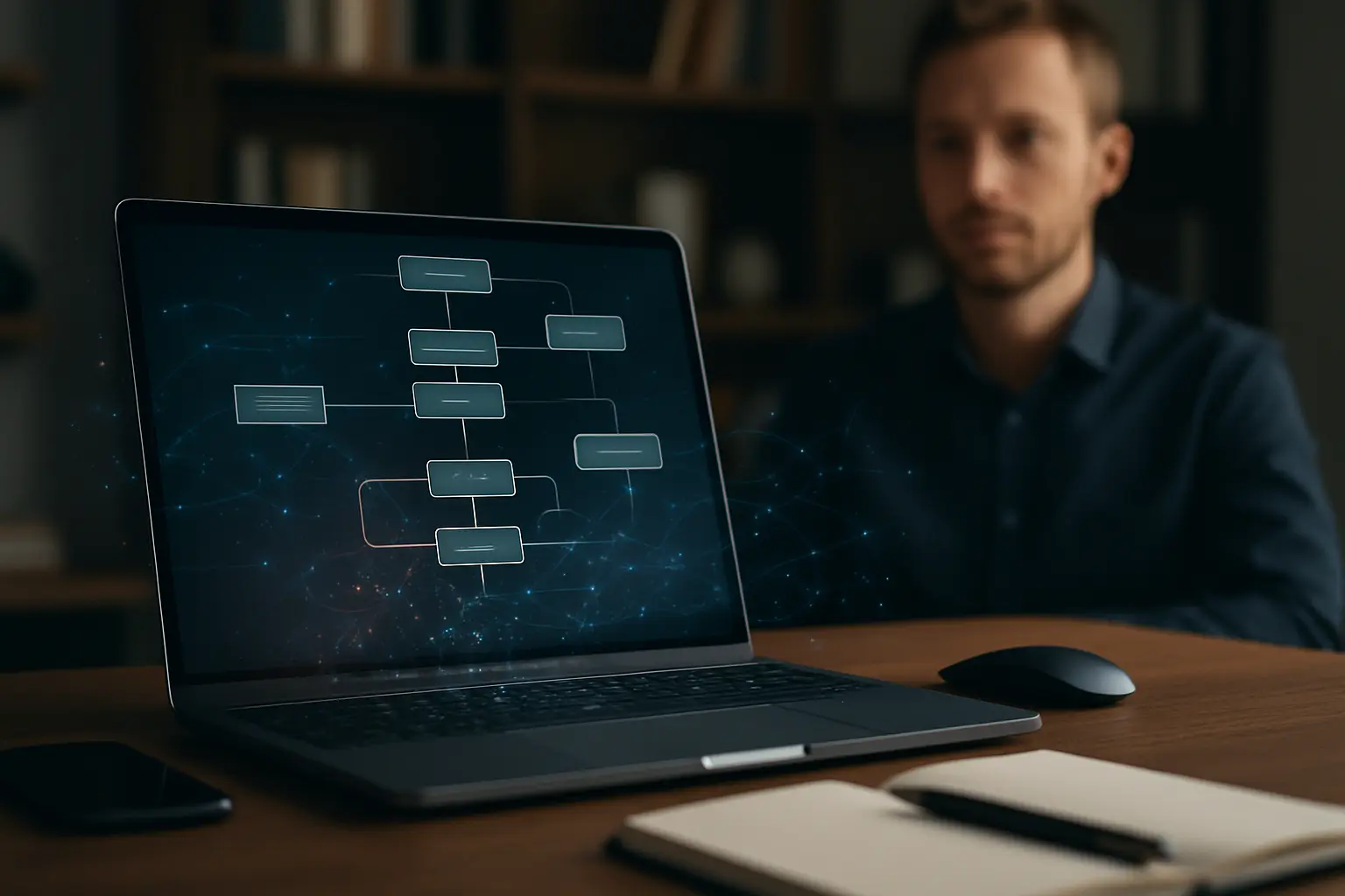 Elegant office, laptop with a mind map, AI.