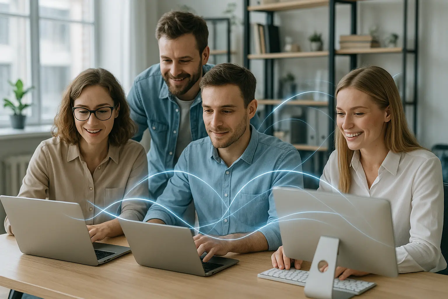 Nowoczesne biuro AI, współpraca i innowacja.
