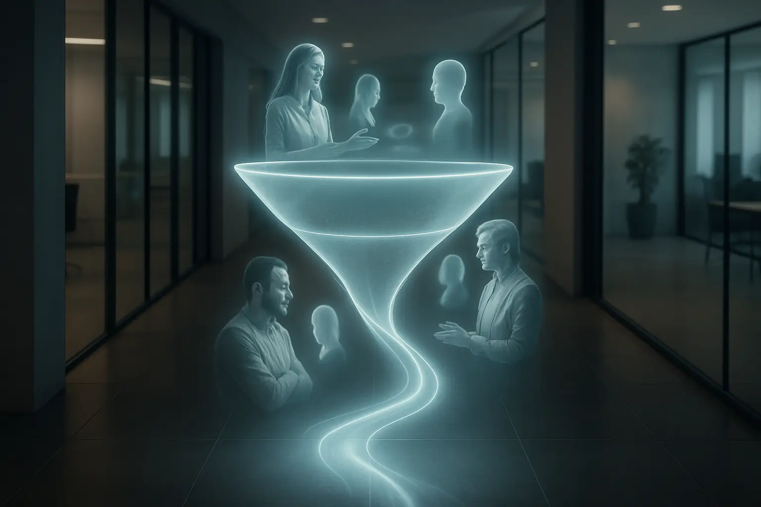 Futuristic sales funnel: AI and people.