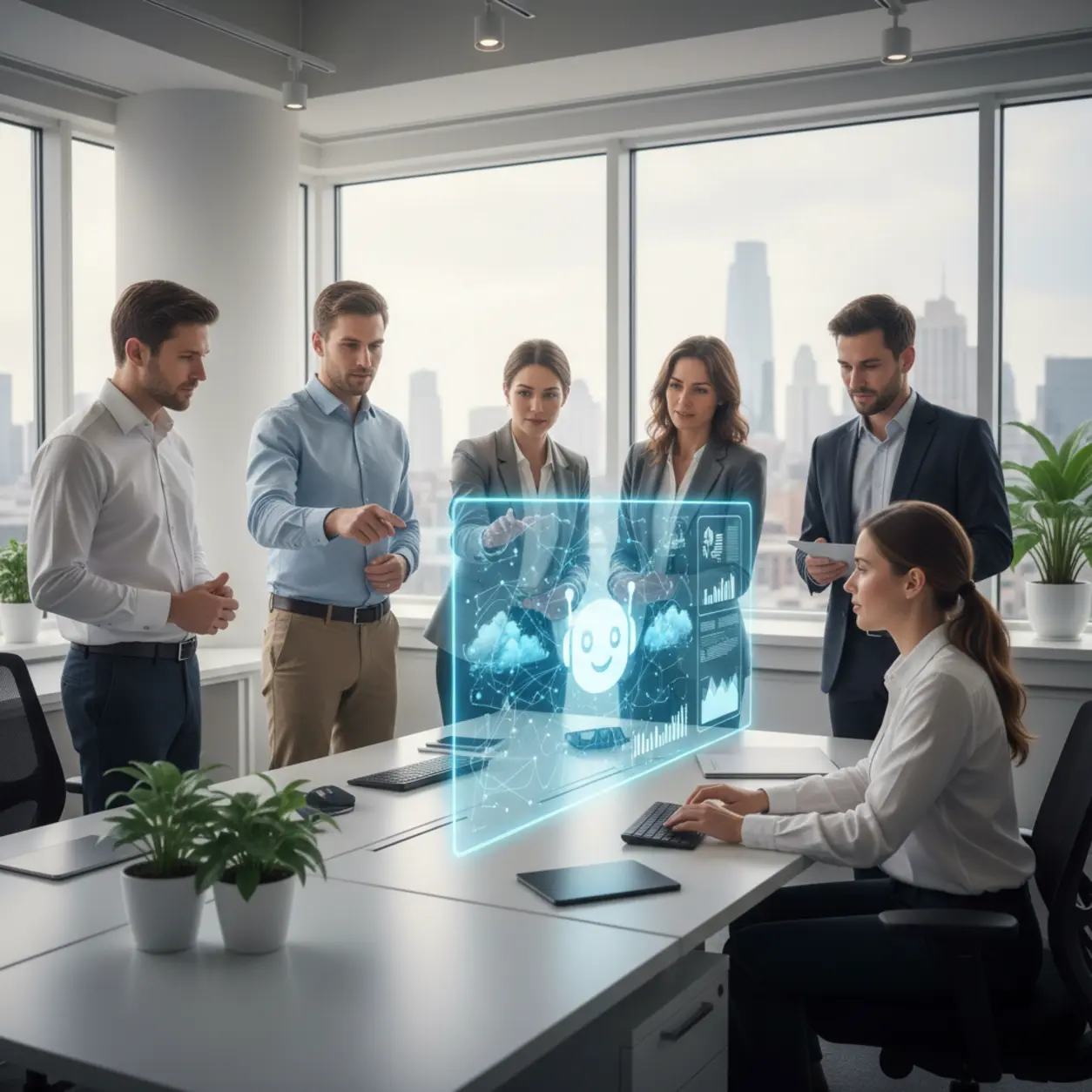 Modern office, holographic interface.