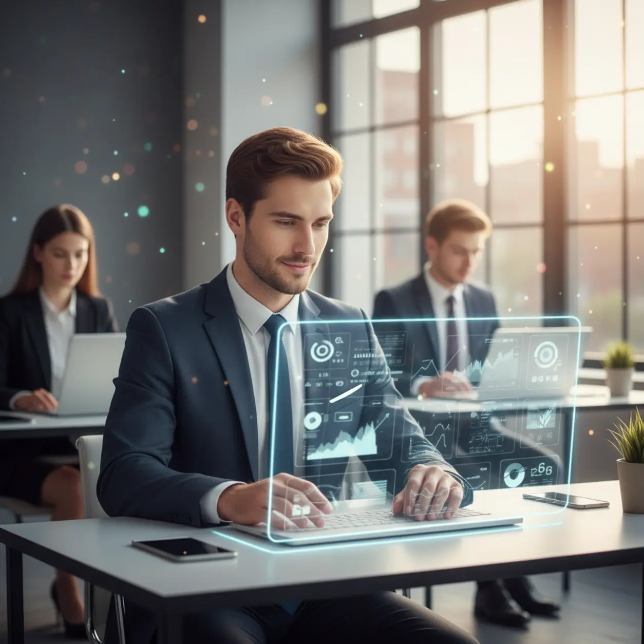 A man in a suit interacting with a hologram in a modern office.