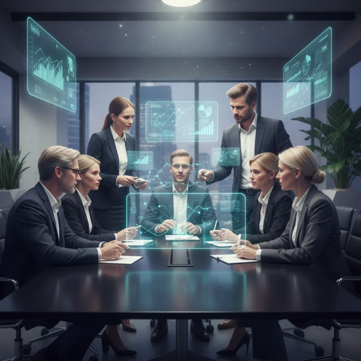 Profesjonaliści w nowoczesnym biurze, hologramy.