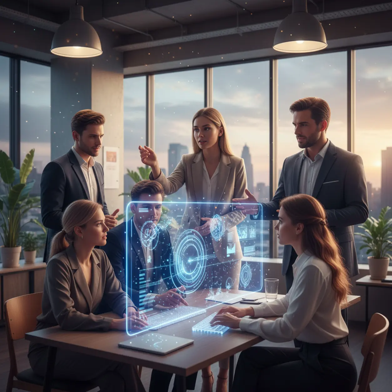 A team of young professionals brainstorming with holographic displays in a modern office.