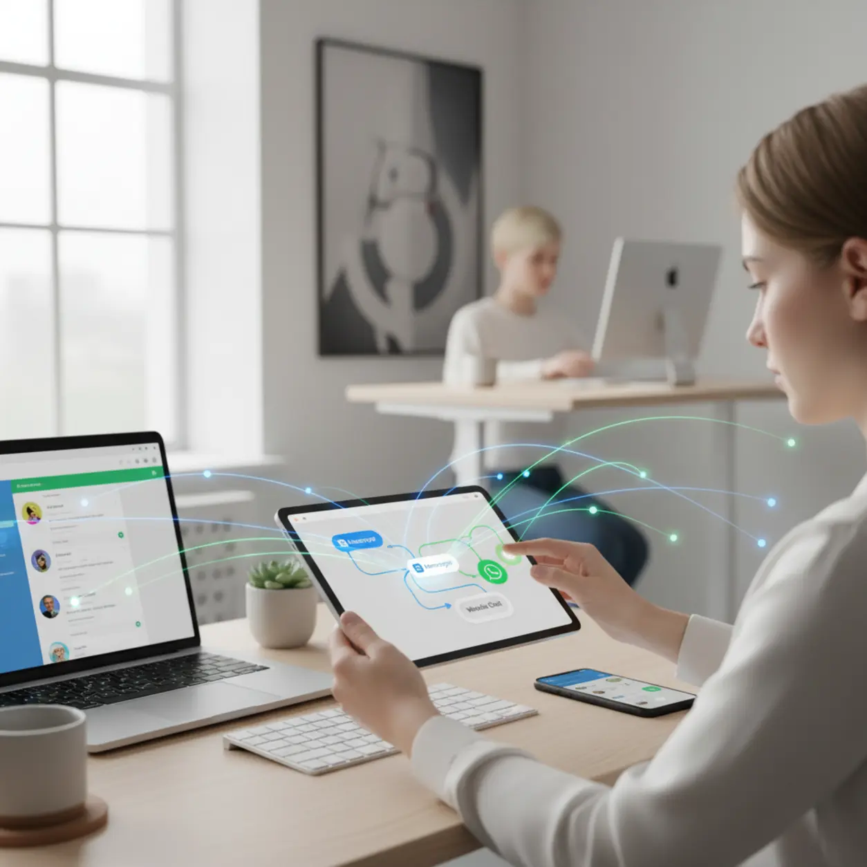 Modern AI in communication across tablet, laptop, and smartphone.