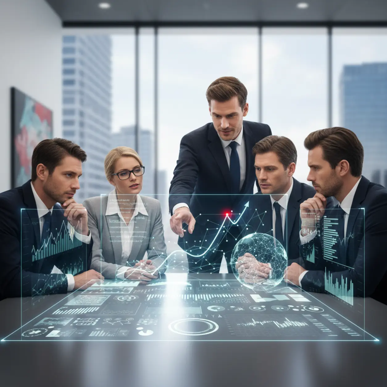 A group of business people interacting with a holographic display.