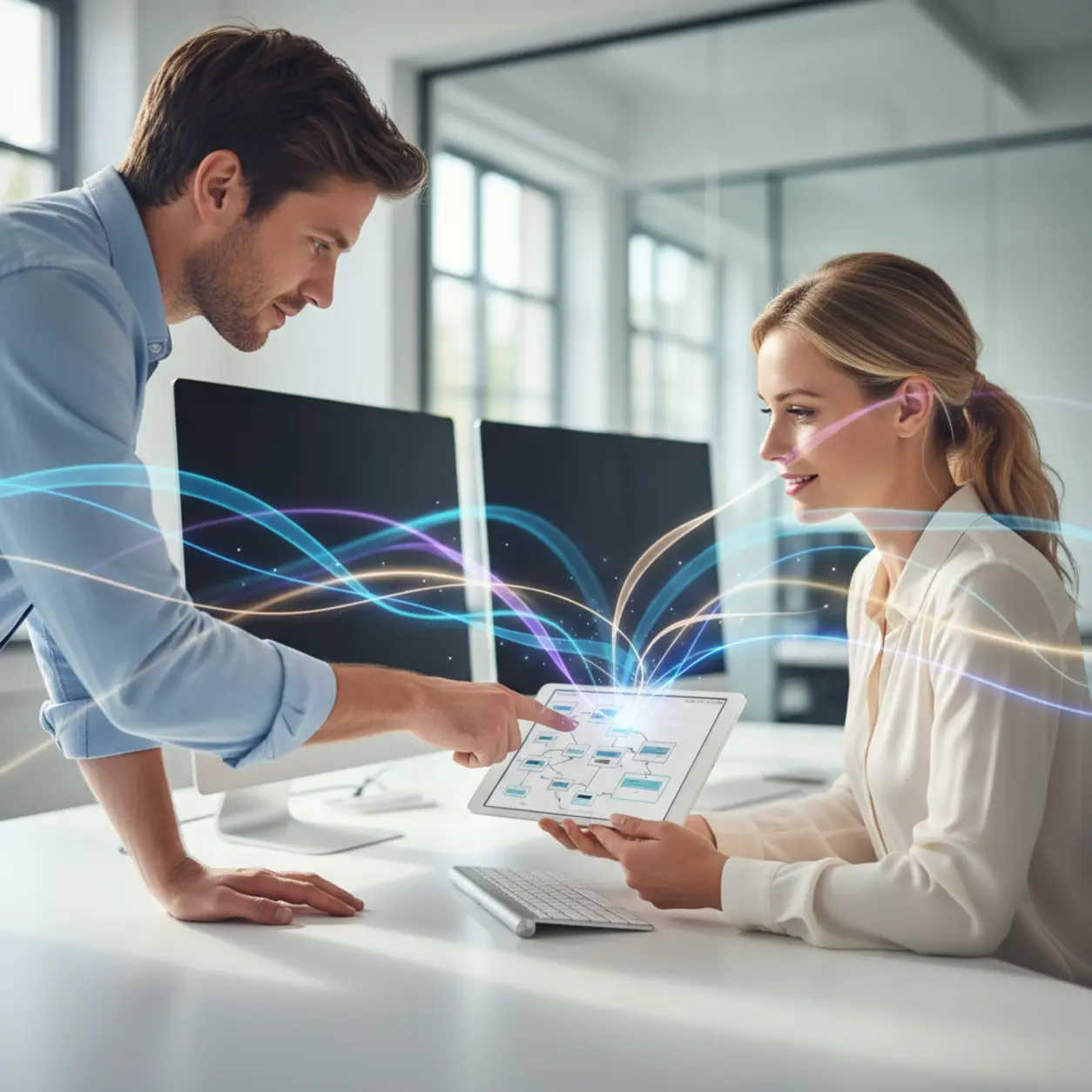 Mężczyzna i kobieta przy tablecie, nowoczesne biuro.