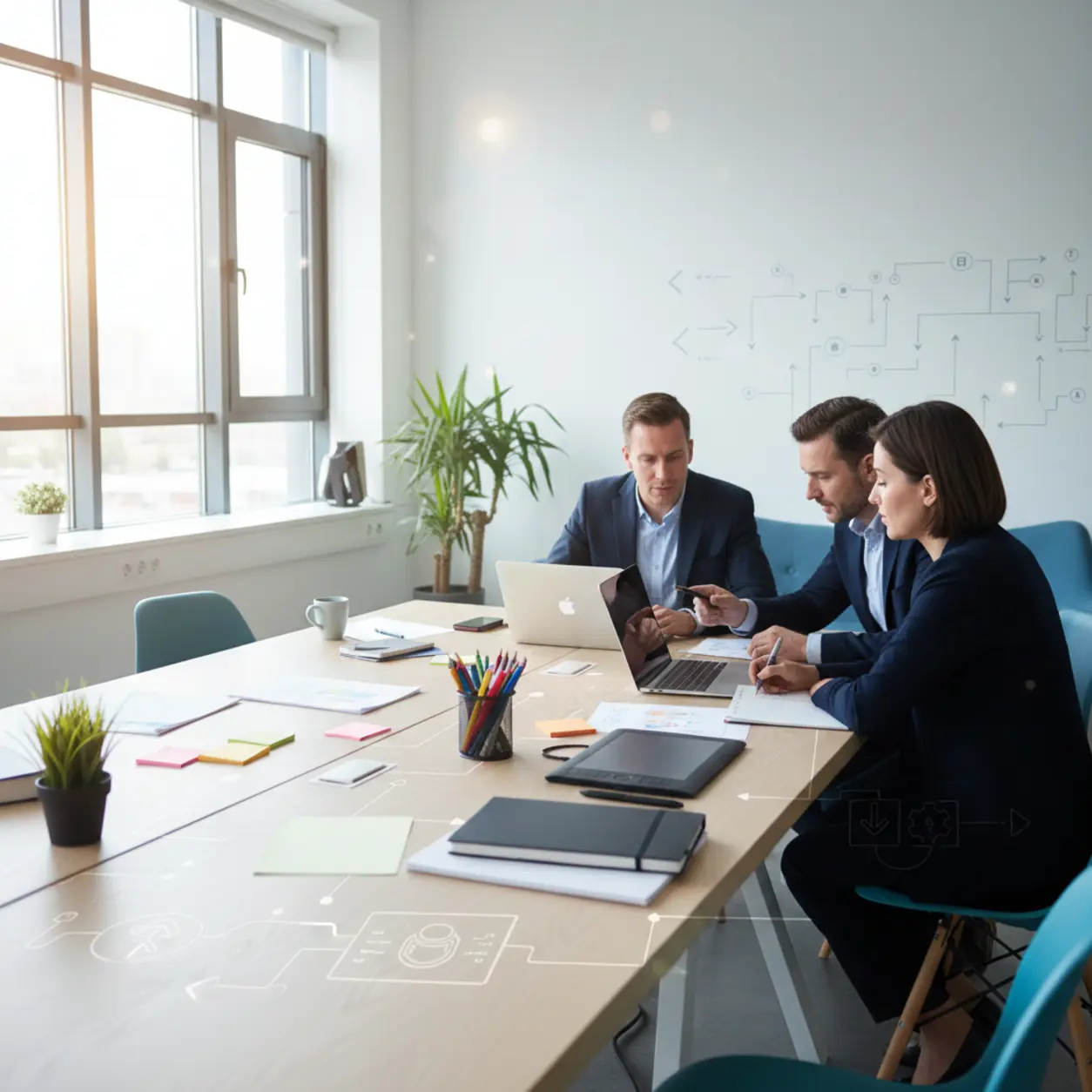 A modern office with a team working collaboratively on computers.