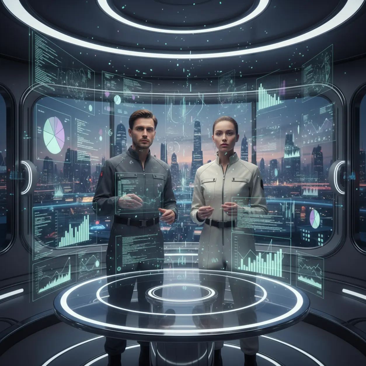Futurystyczny pokój z holograficznymi danymi i parą naukowców.