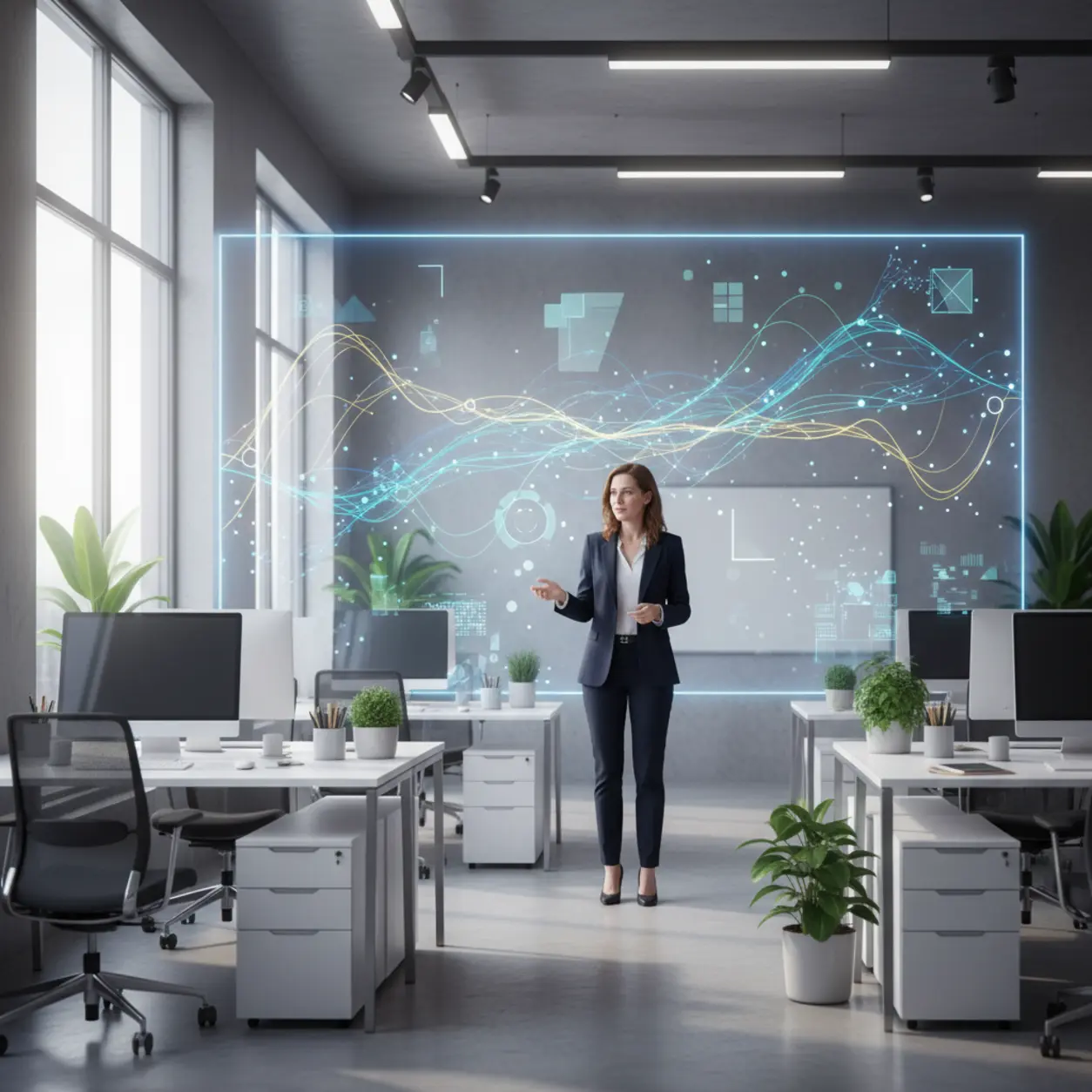 Woman presenting AI on a modern screen.