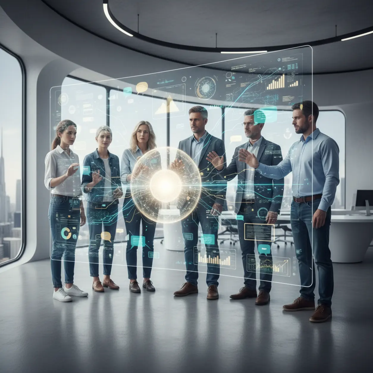 Futurystyczne biuro z holograficznymi interfejsami.