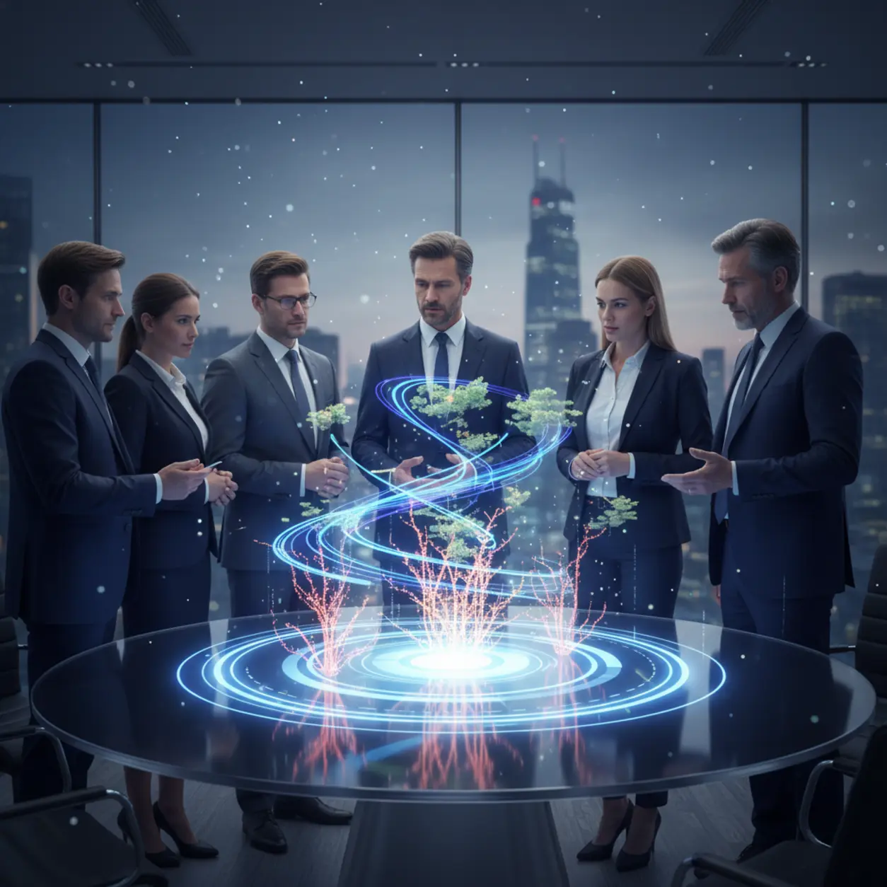 Business professionals at a holographic display.