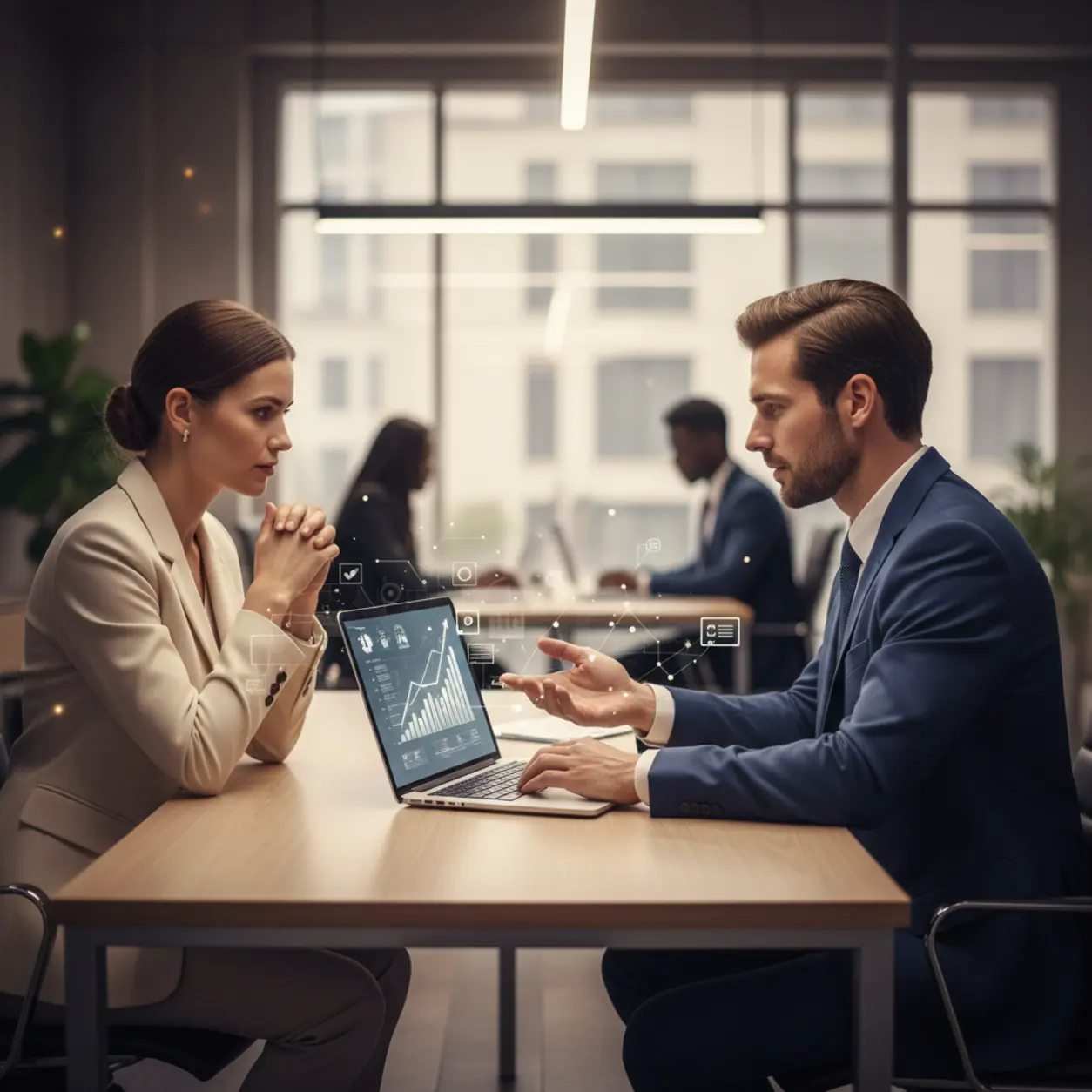 Elegant office, data analysis, success.