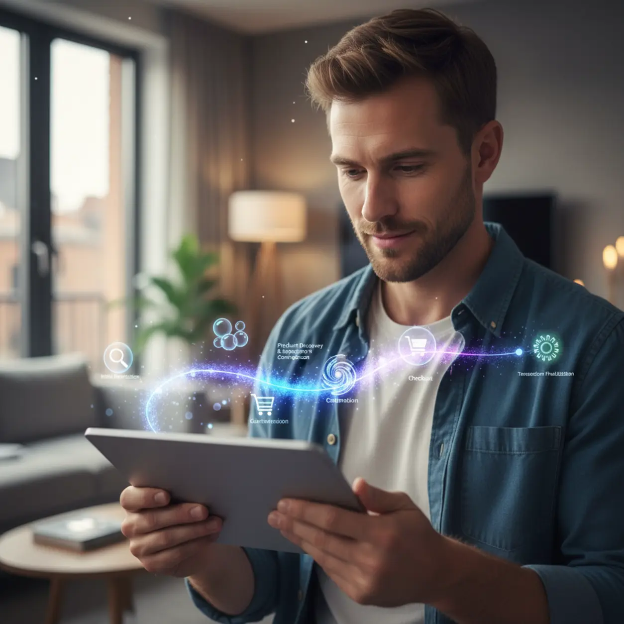 A Caucasian man with a chatbot on a tablet.