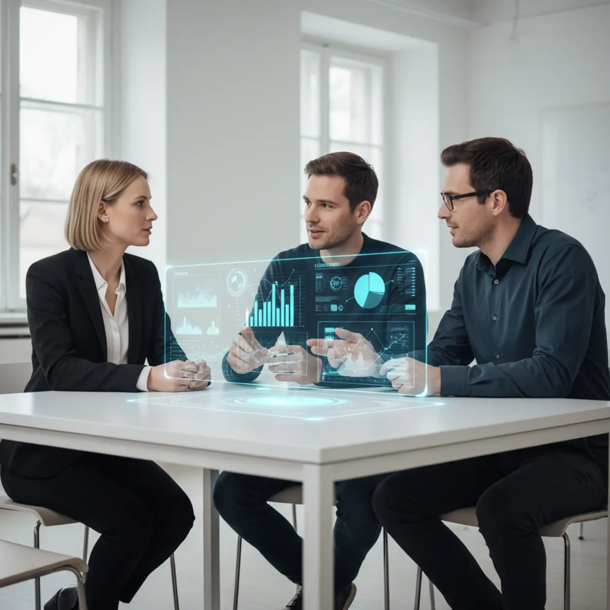 Nowoczesne biuro, holograficzna prezentacja.