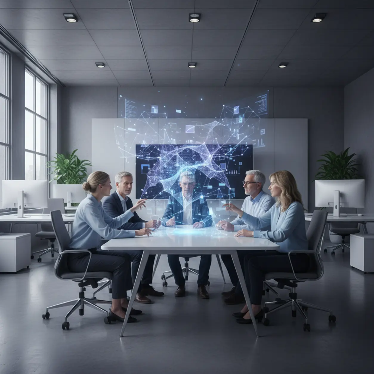 Modern team in an office with AI.