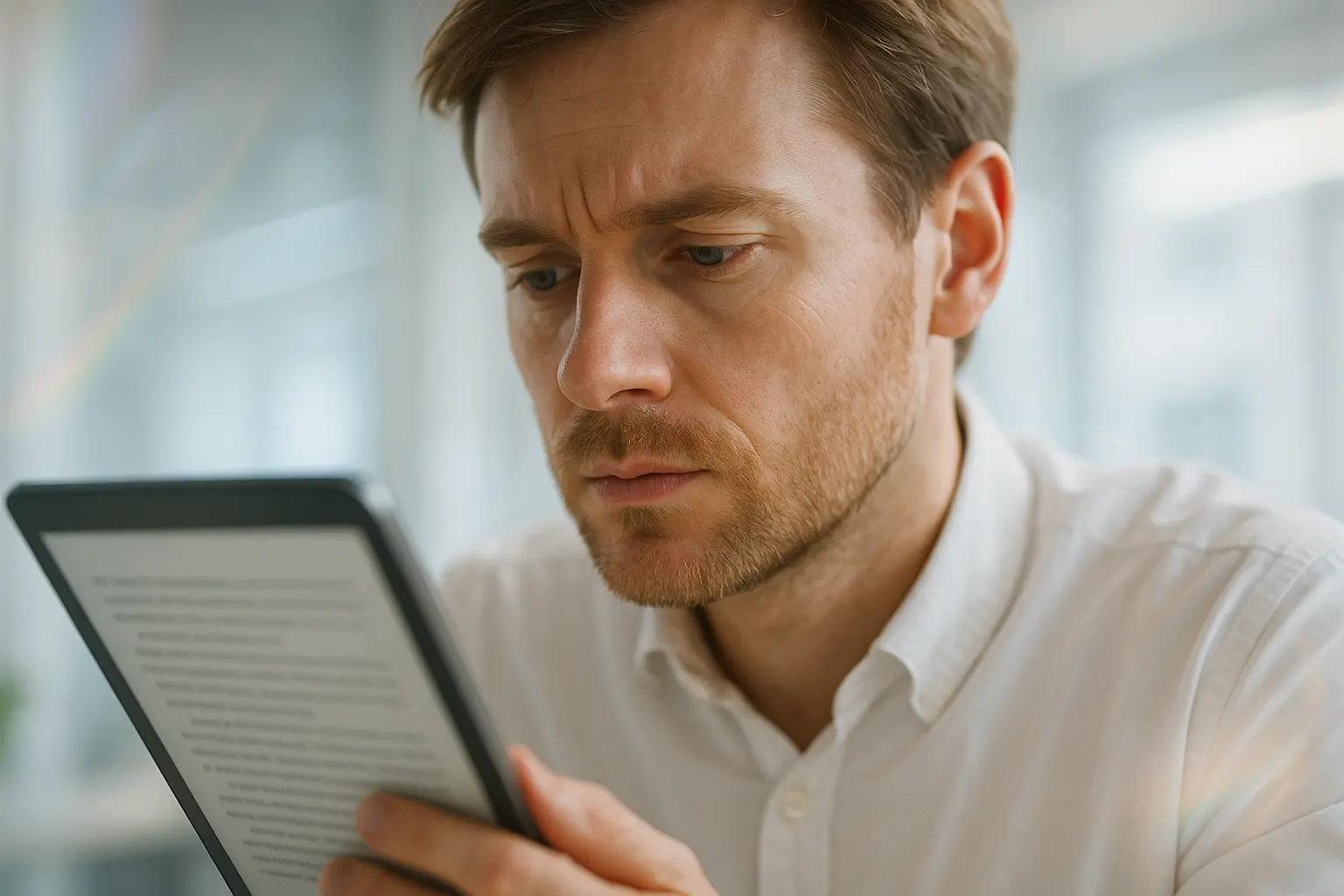 A person reads from a tablet, subtle light.
