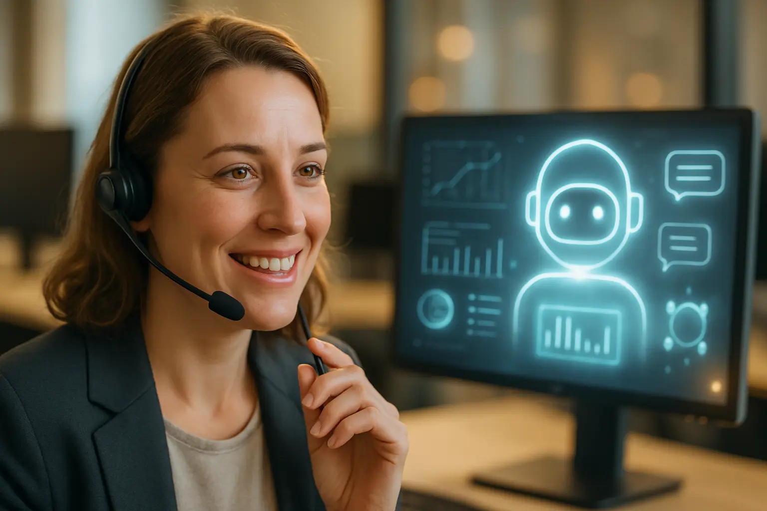 Friendly female customer support consultant with a headset, assisted by AI data on a transparent screen.