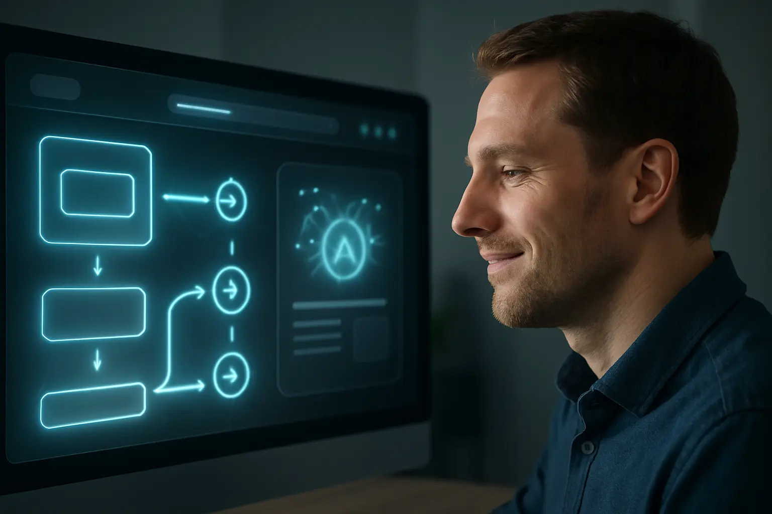 A satisfied user browsing an AI interface.