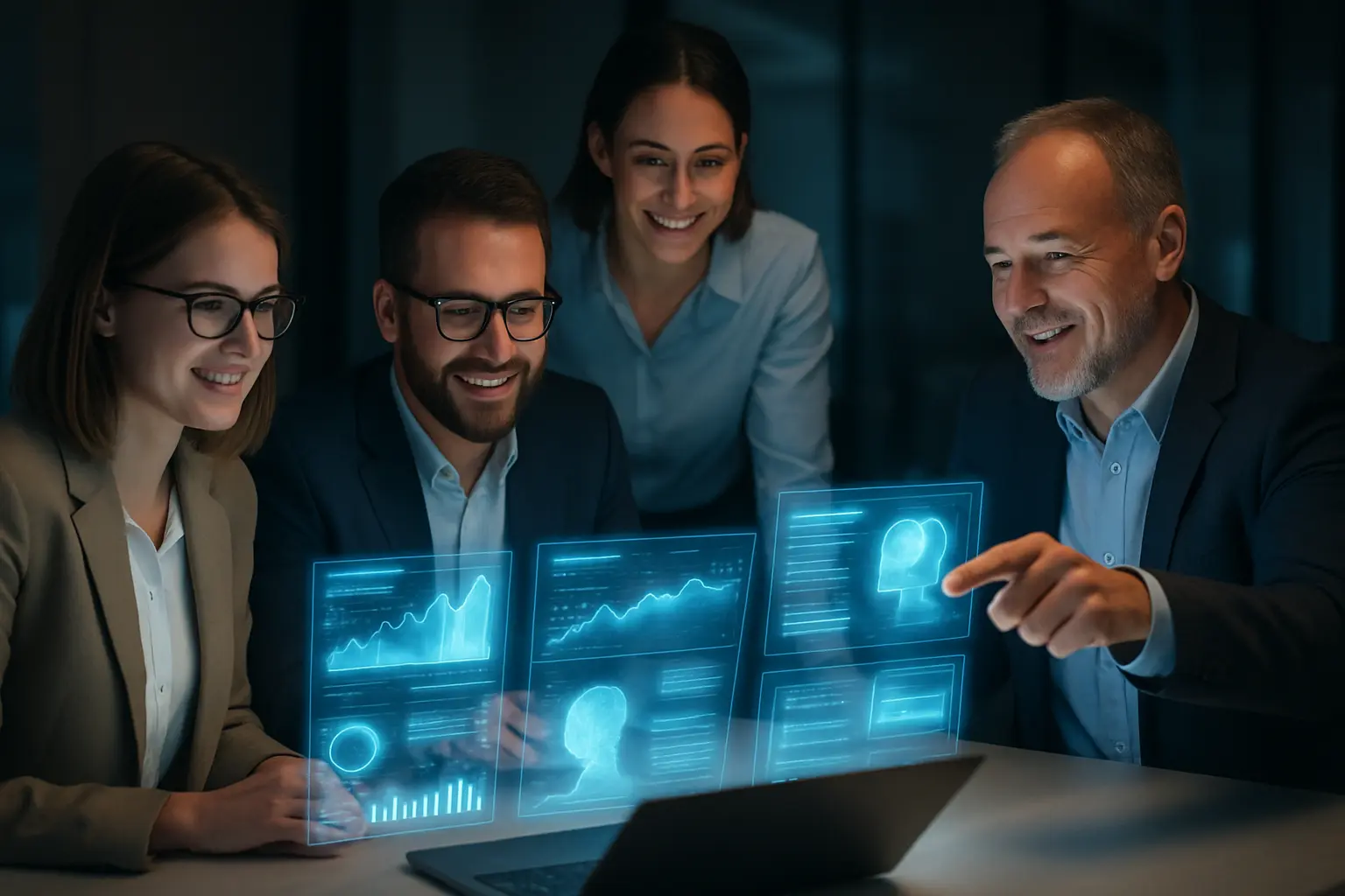 A team of AI specialists at a desk with holograms.