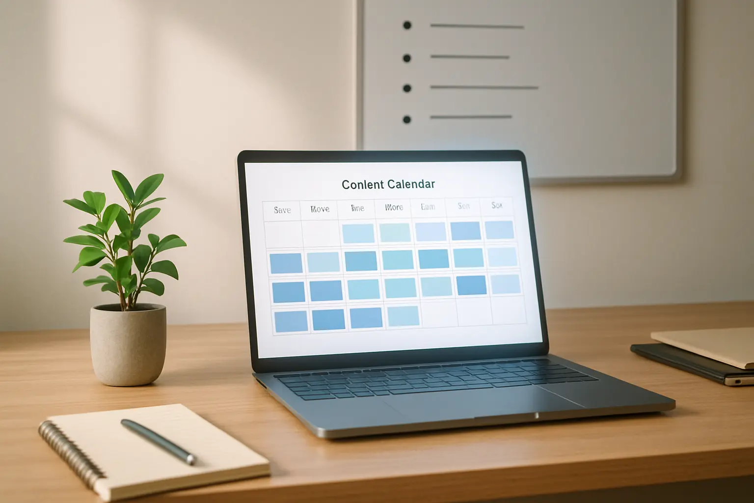 Desk with a content calendar and a plant.