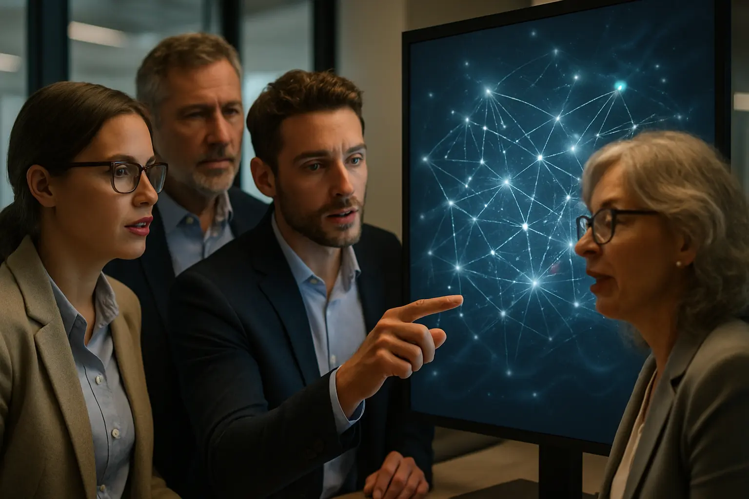 Professionals in an office analyzing an AI network visualization.