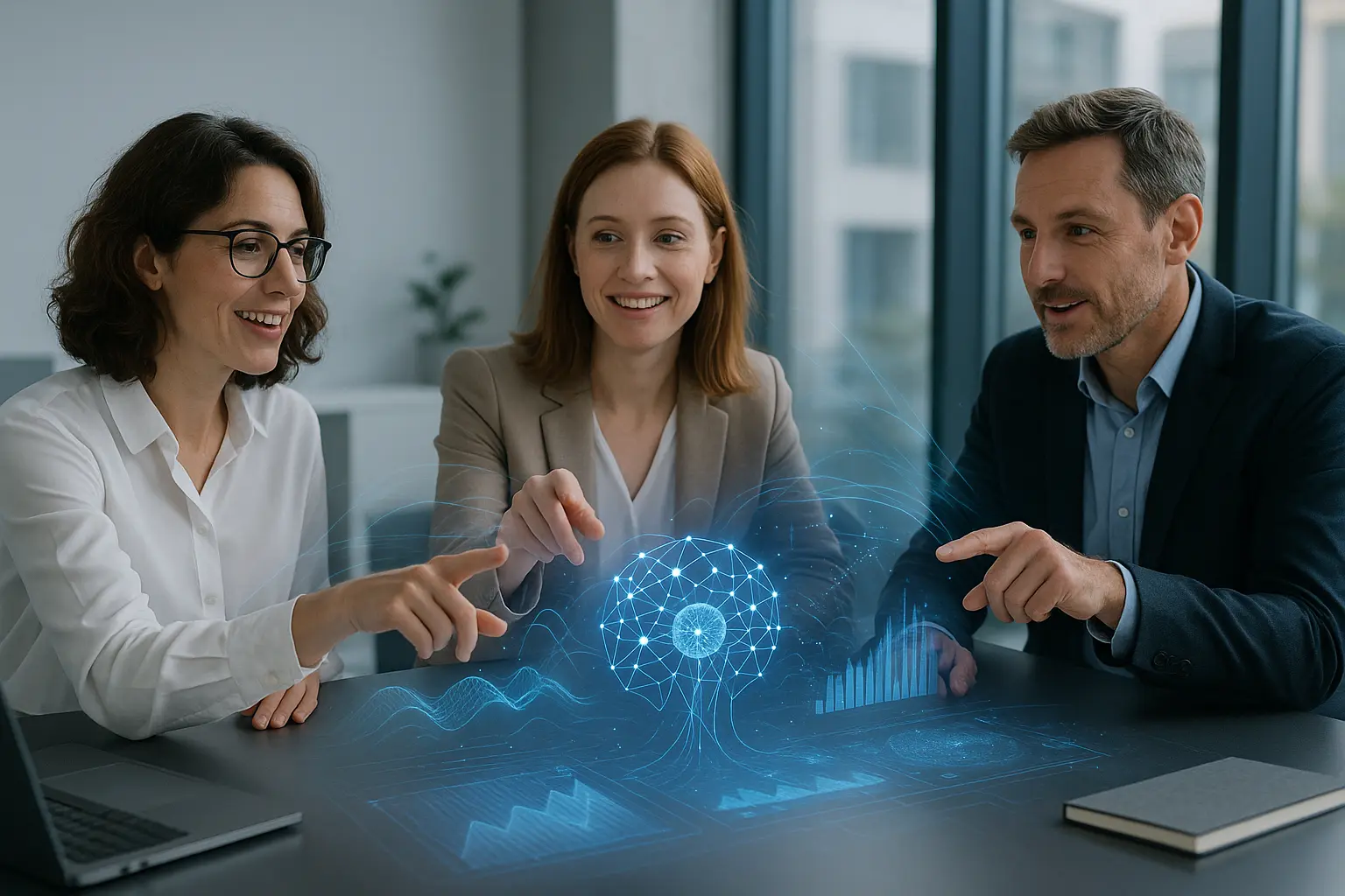 Team in a modern office discussing a holographic display.