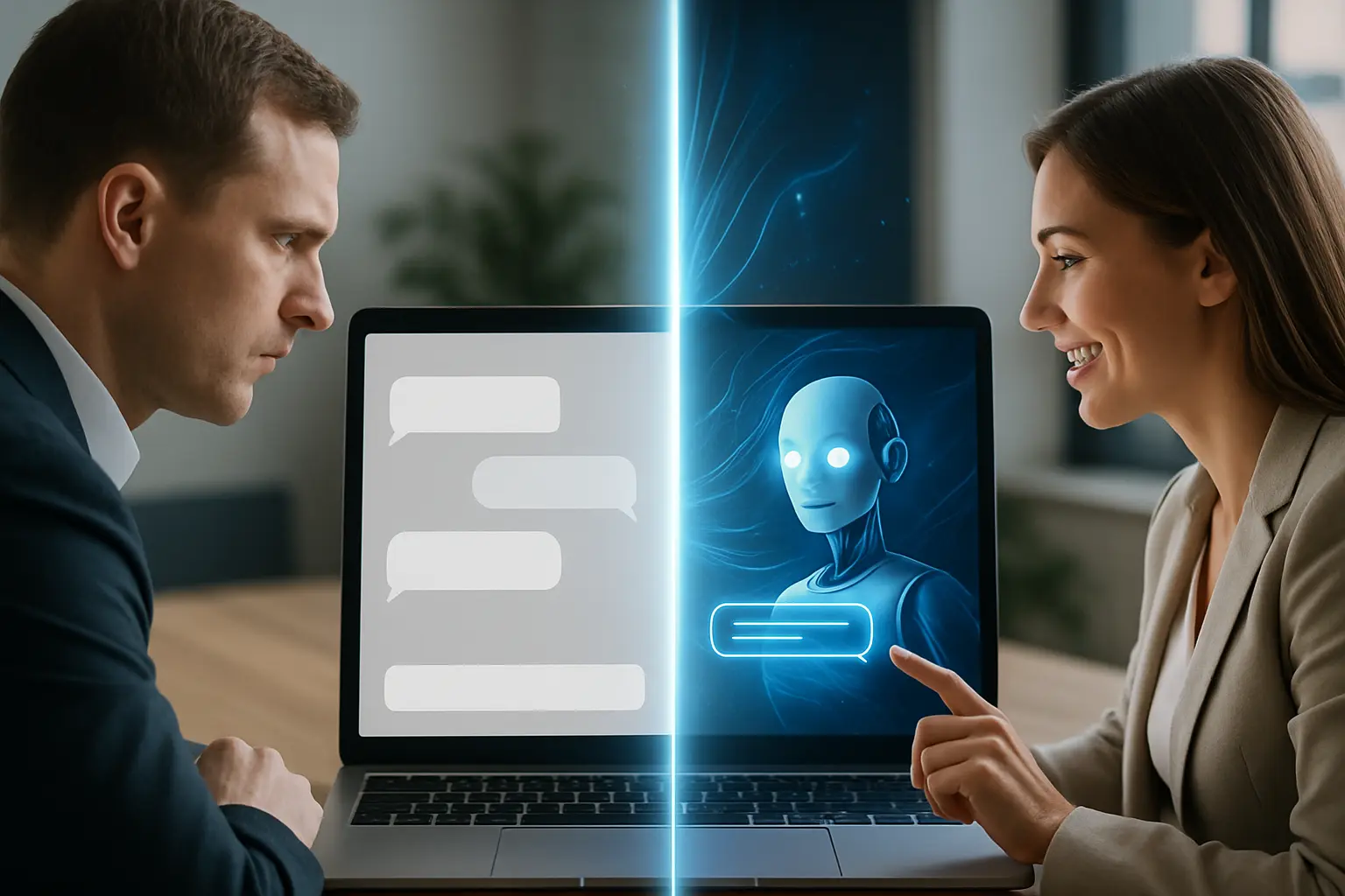 Kontrast UI: prosty widget vs. AI chatbot.