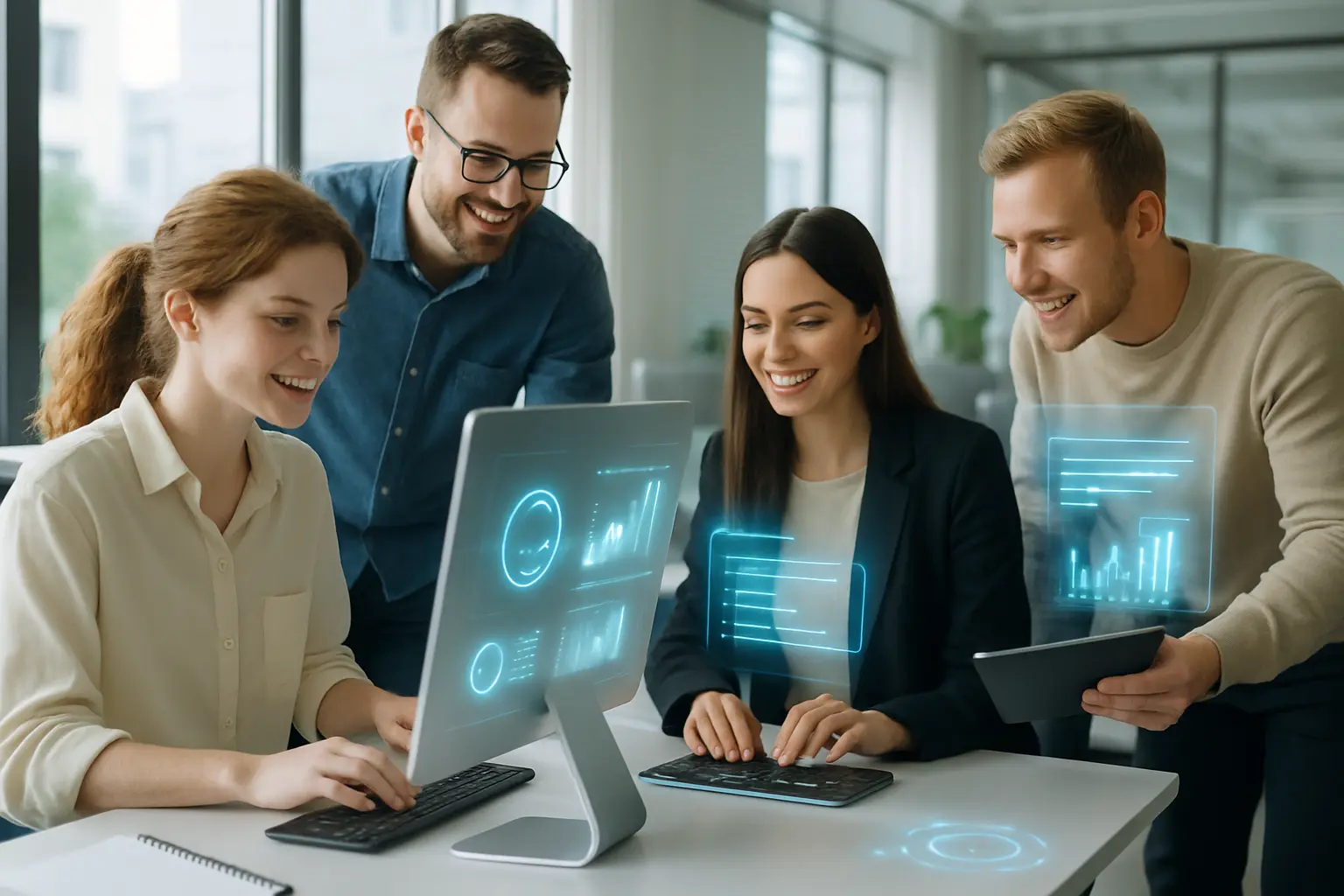 An effective marketing team working with AI-powered data visualizations on screens.