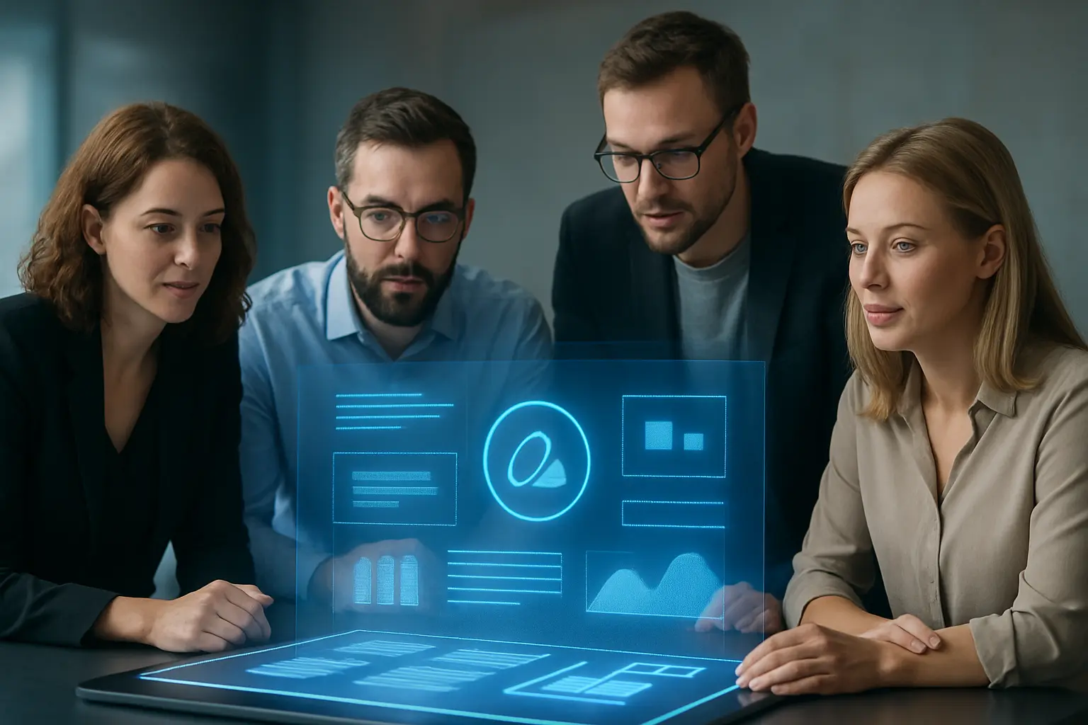 Grupa innowatorów przy holograficznym stole.