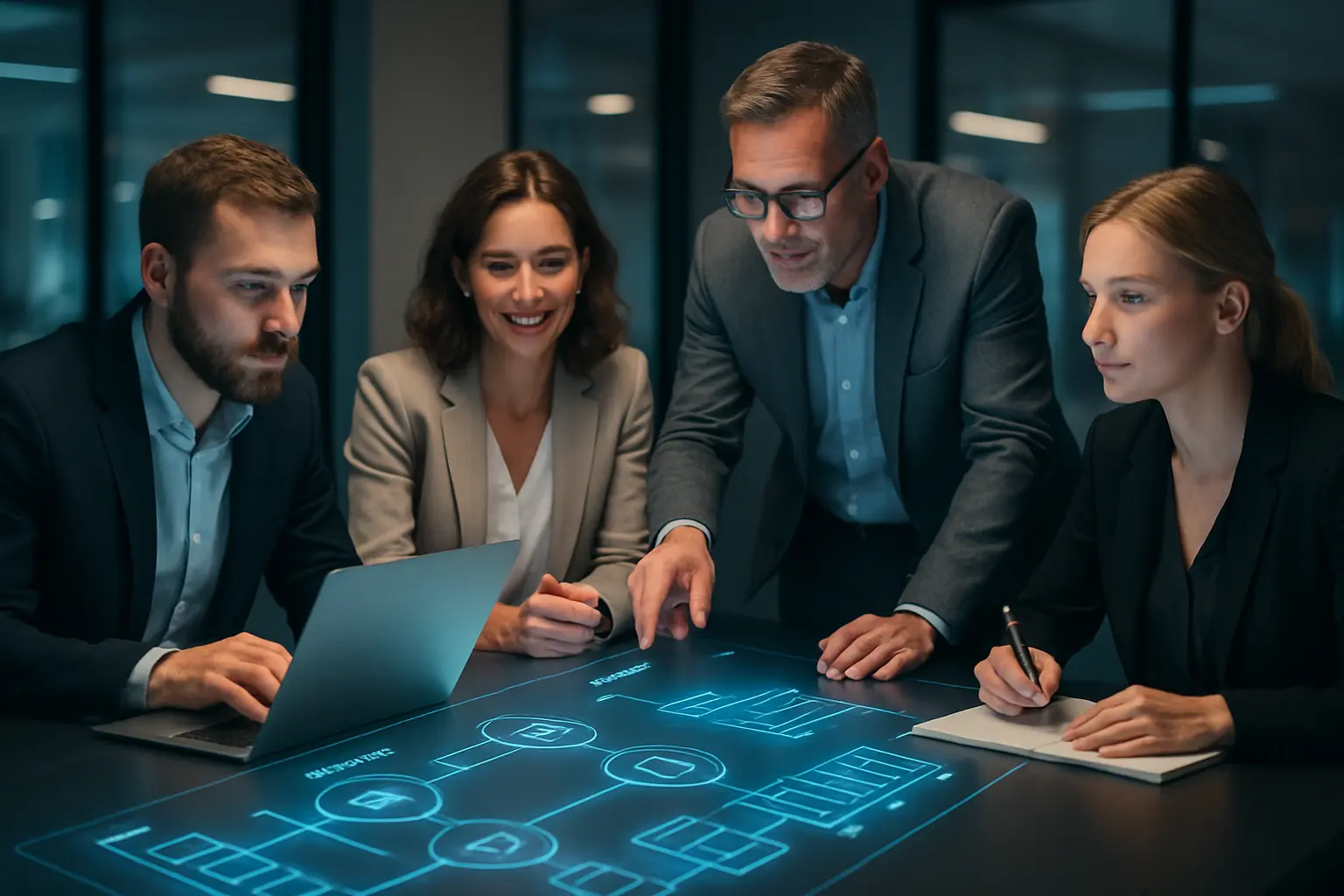 Professionals analyzing data on an interactive table.