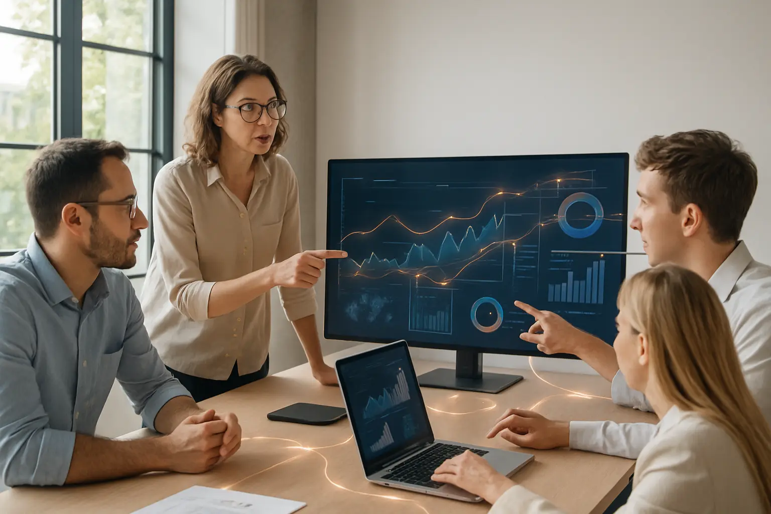 Professional collaboration on data analysis in a modern office.